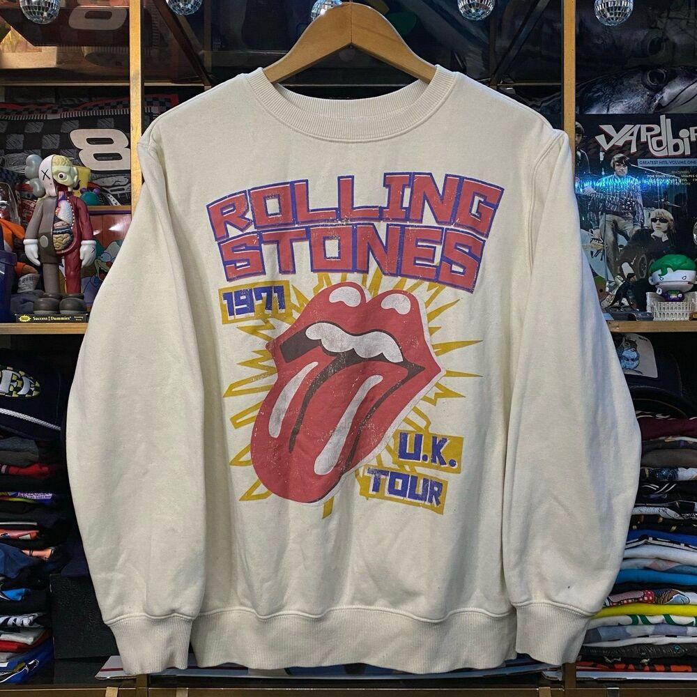 Rolling Stones Sweatshirt Mens Small Cream 1971 UK Tour Tongue Graphic